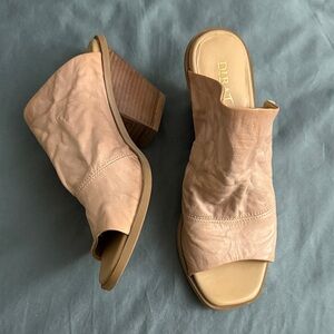 Diba True Beige Leather Mules with Wooden Heel